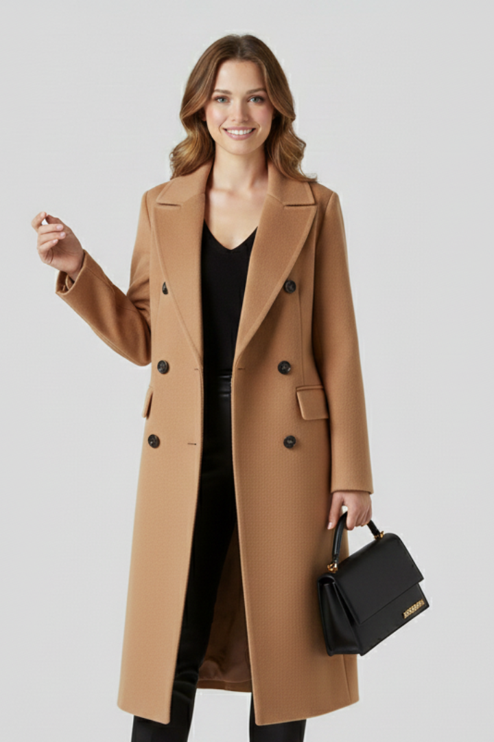 Long coat with button closure – front view