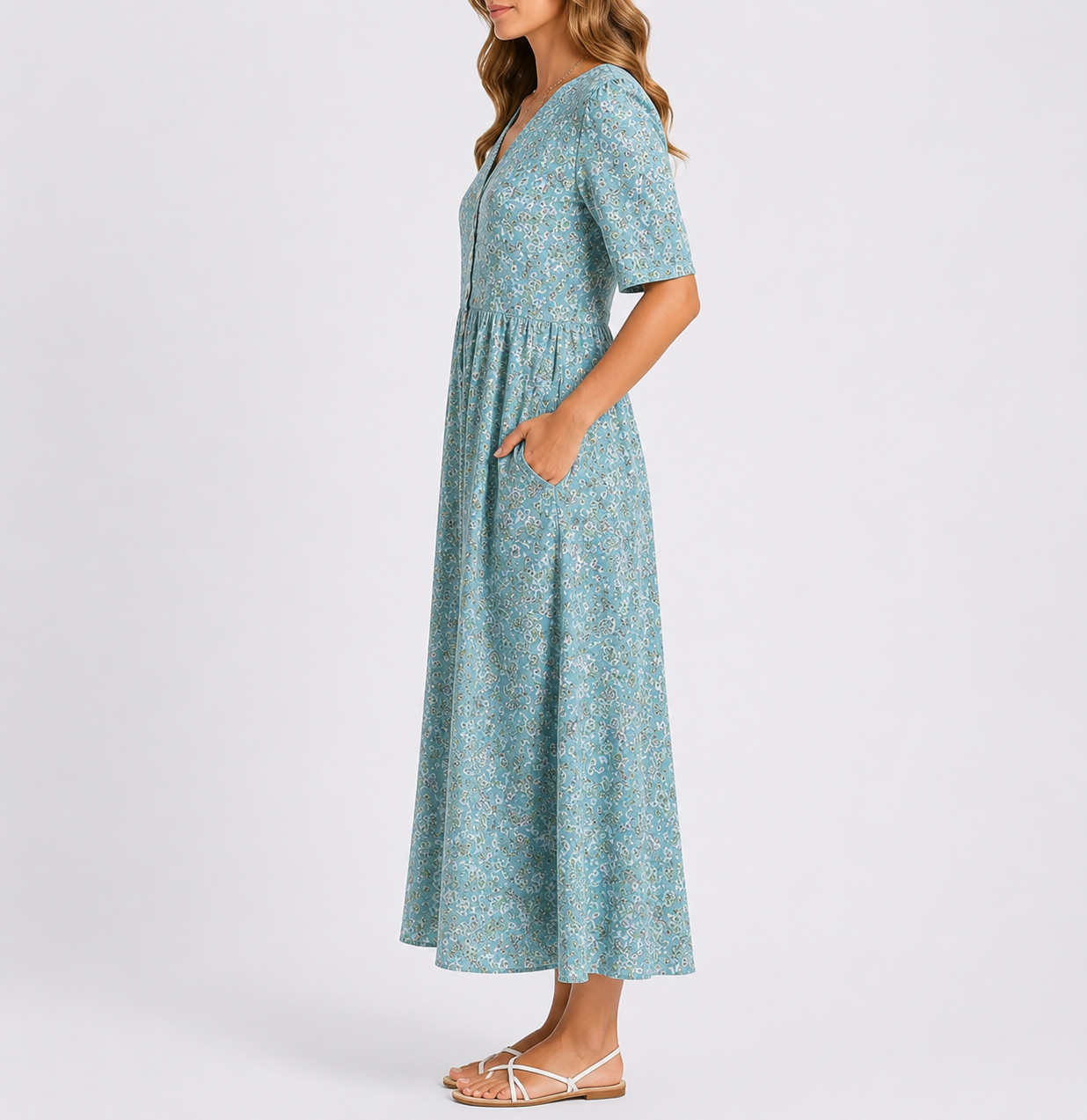Floral V-Neck Midi Dress – Women's Printed Summer Dress