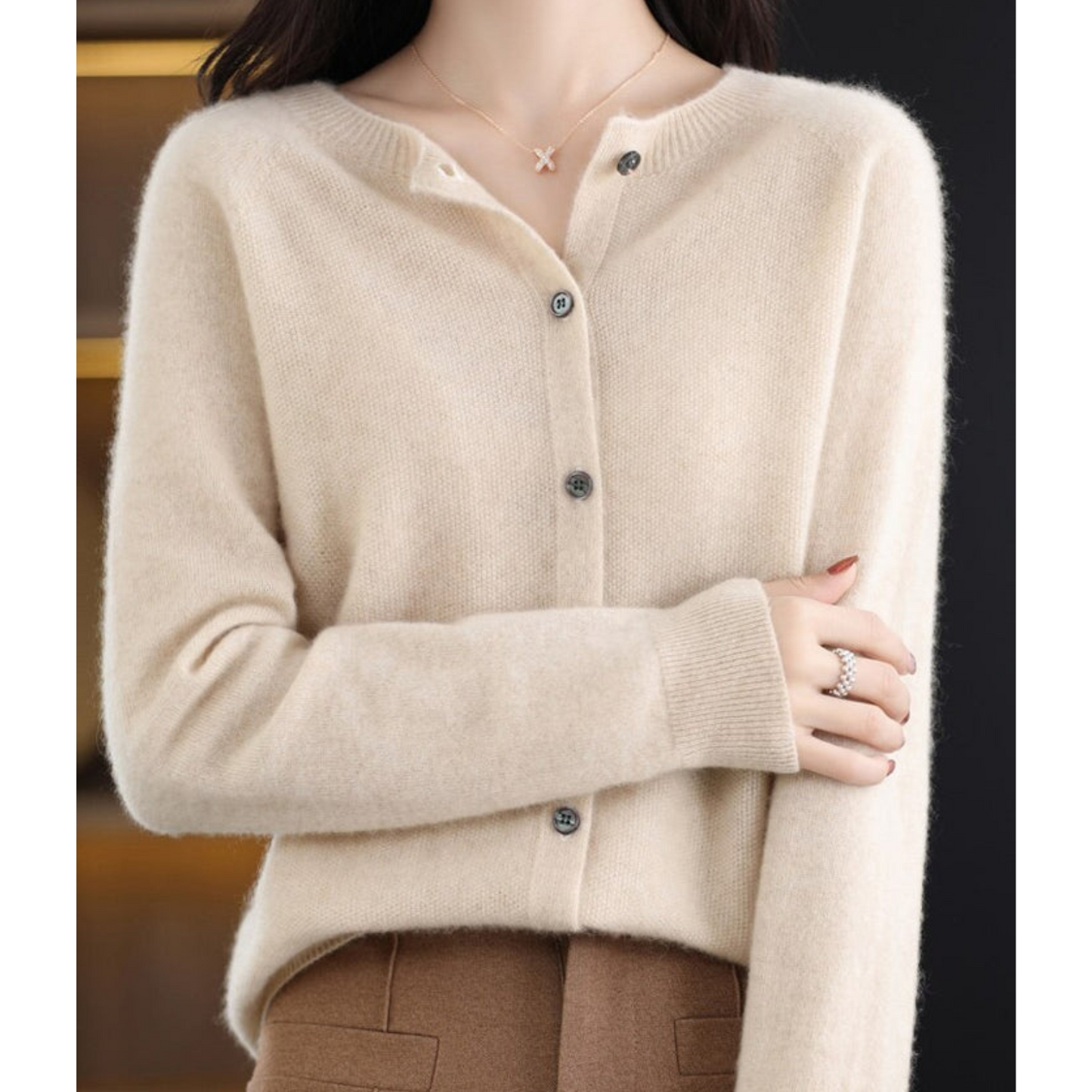 Women's Button-Front Knit Cardigan – Soft Round Neck