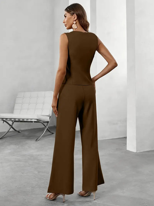 Women's Sleeveless Blazer and Wide Leg Pants Set