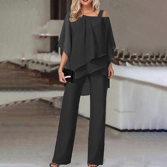 Women's Cold Shoulder Pantsuit Set – Elegant Two-Piece