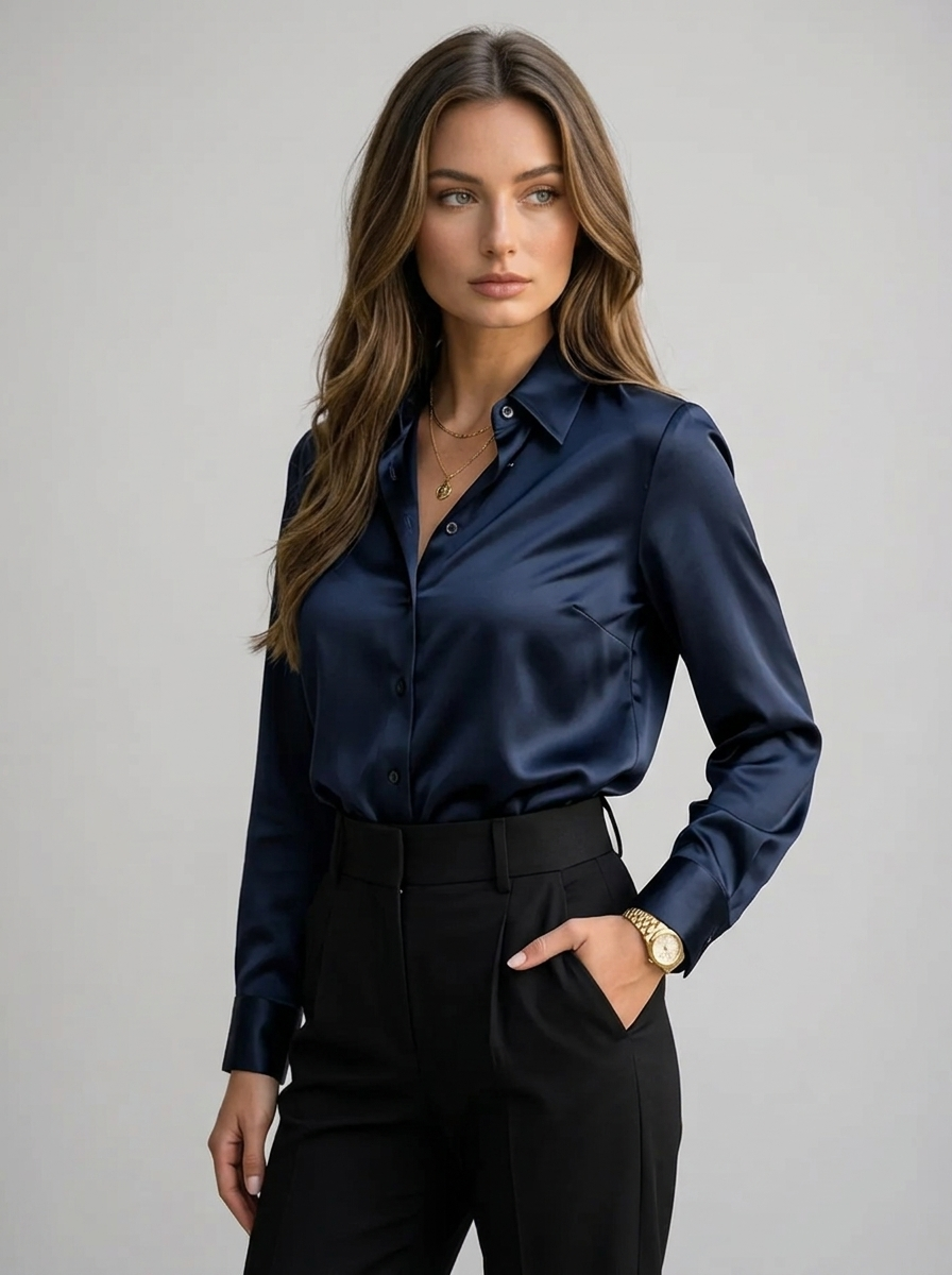 Women's Satin Feel Long Sleeve Blouse – Collared Shirt