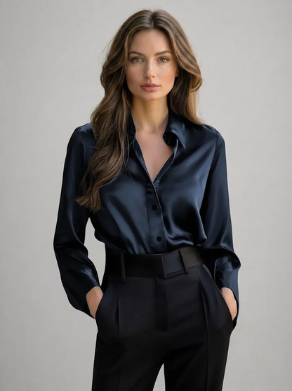 Women's Satin Feel Long Sleeve Blouse – Collared Shirt
