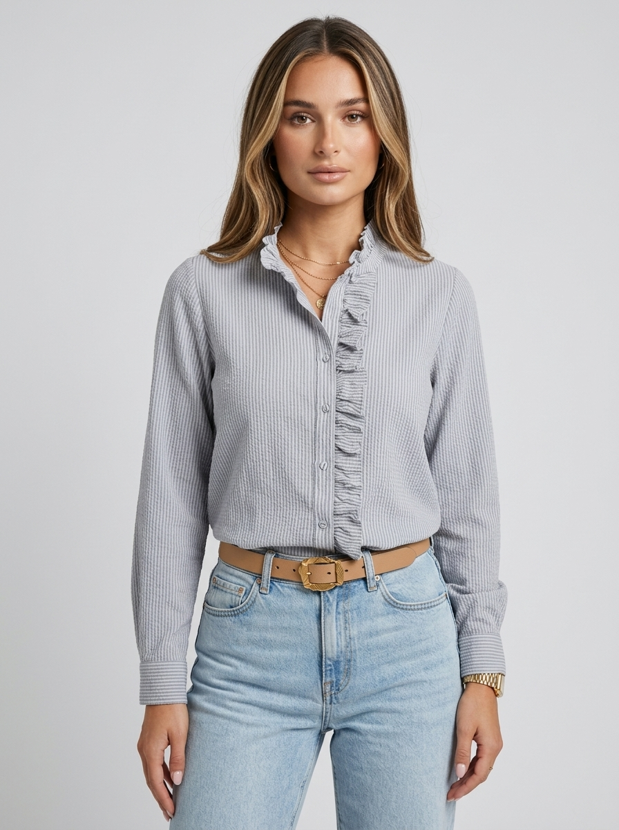 Women's Striped Ruffle Front Blouse – Long Sleeve
