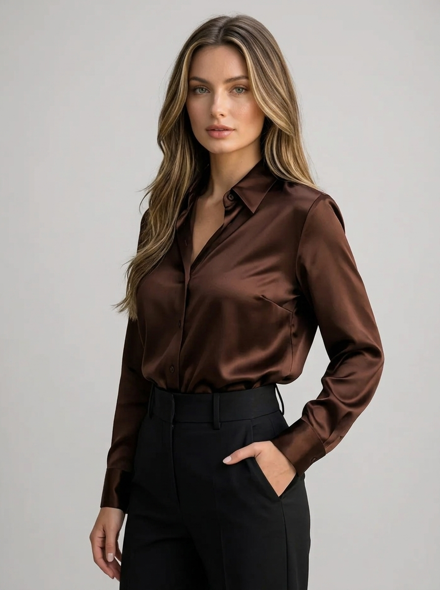 Women's Satin Feel Long Sleeve Blouse – Collared Shirt