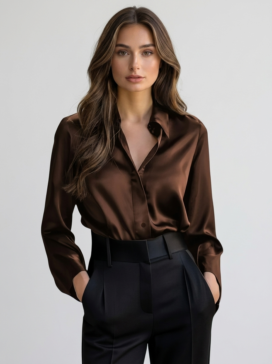 Women's Satin Feel Long Sleeve Blouse – Collared Shirt
