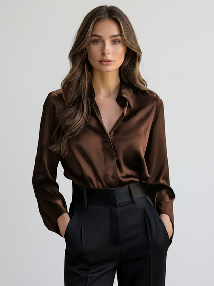 Women's Satin Feel Long Sleeve Blouse – Collared Shirt