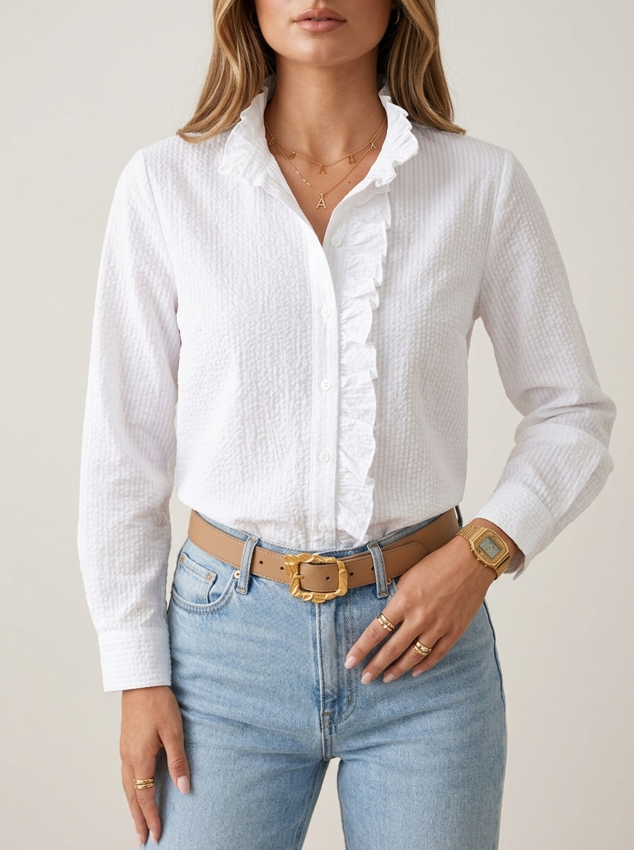 Women's Striped Ruffle Front Blouse – Long Sleeve