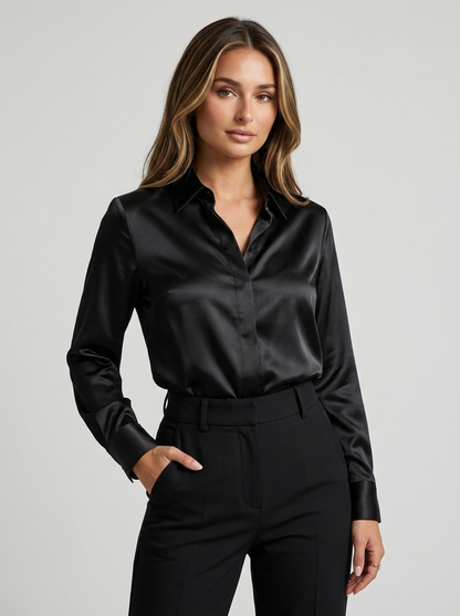 Women's Satin Feel Long Sleeve Blouse – Collared Shirt