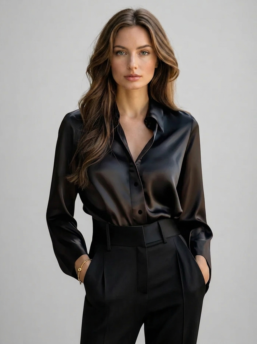 Women's Satin Feel Long Sleeve Blouse – Collared Shirt