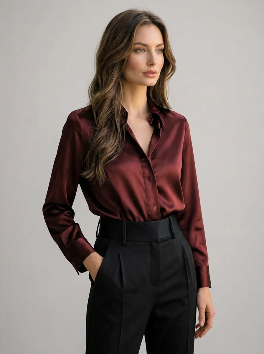 Women's Satin Feel Long Sleeve Blouse – Collared Shirt