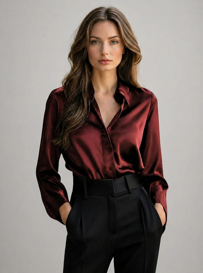 Women's Satin Feel Long Sleeve Blouse – Collared Shirt