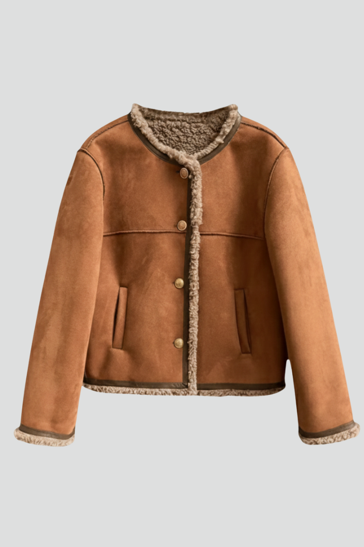 Women's short button front jacket – contrast trim front view