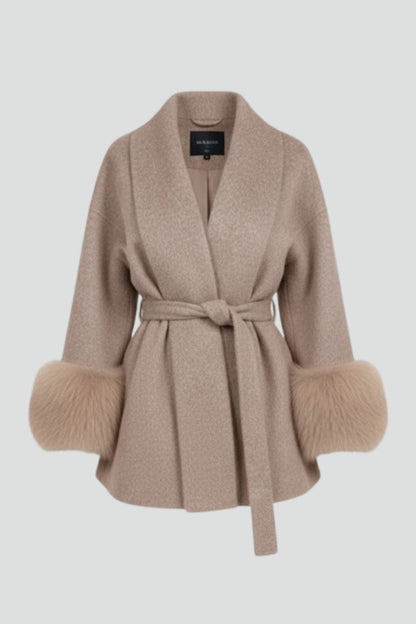 Women's belted winter coat in faux fur – front view