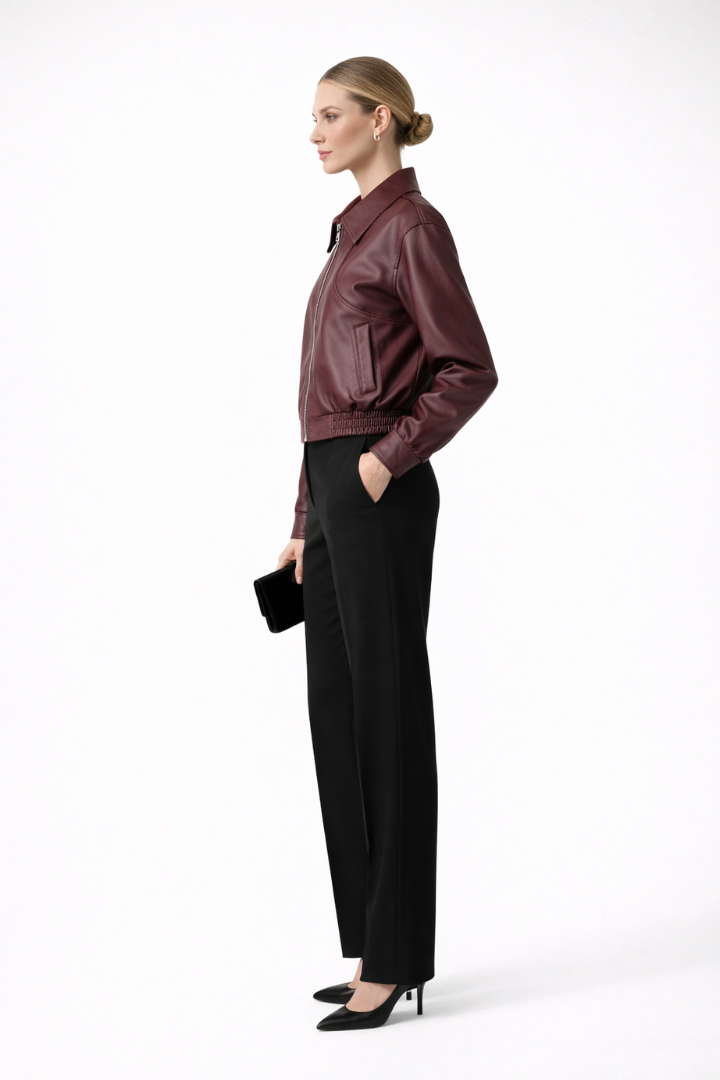 Women's burgundy bomber jacket – side view