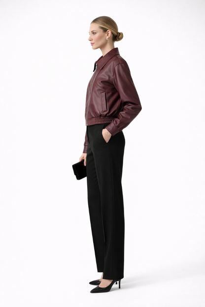Women's burgundy bomber jacket – side view