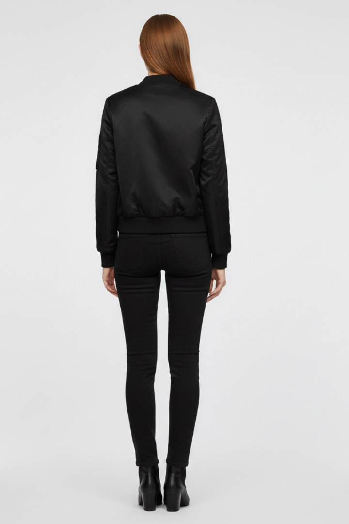 Women's black bomber – ribbed collar closeup