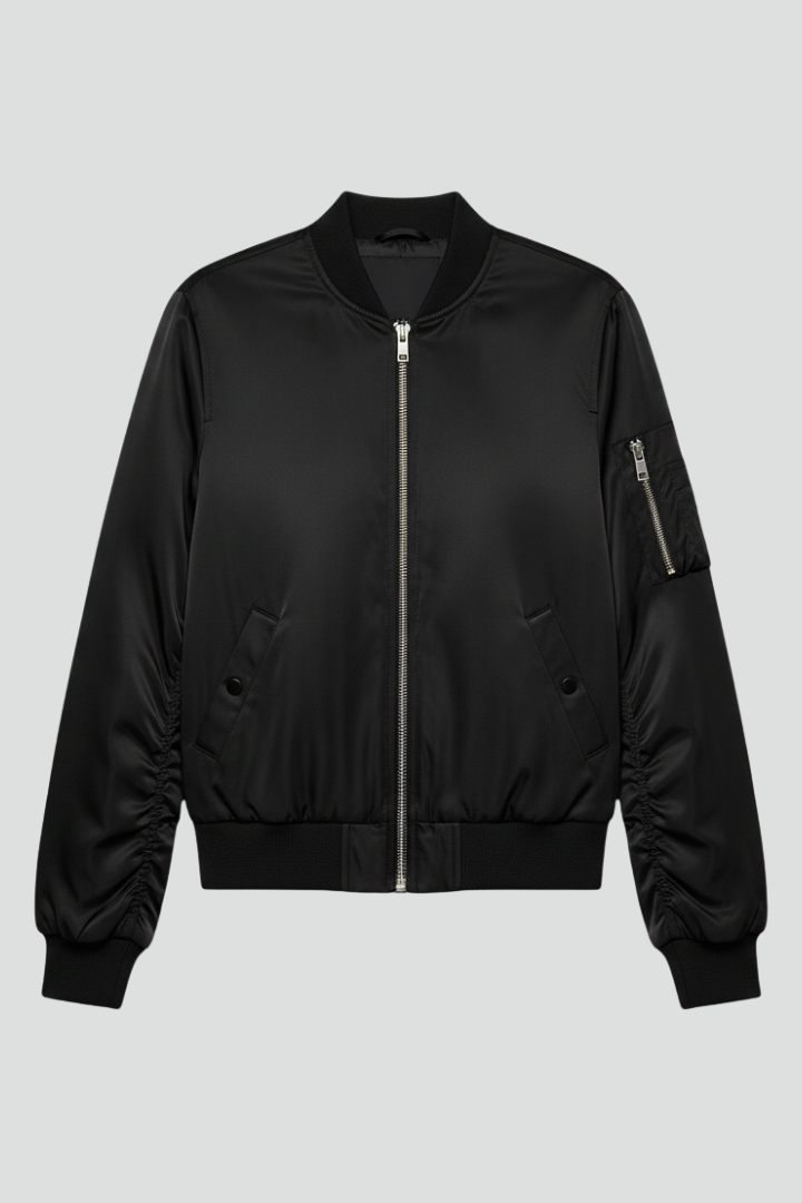 Women's black bomber jacket – ribbed details front view