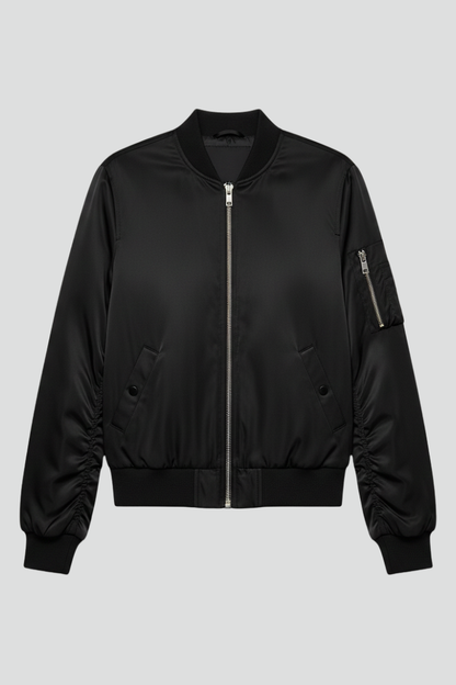 Women's black bomber jacket – ribbed details front view