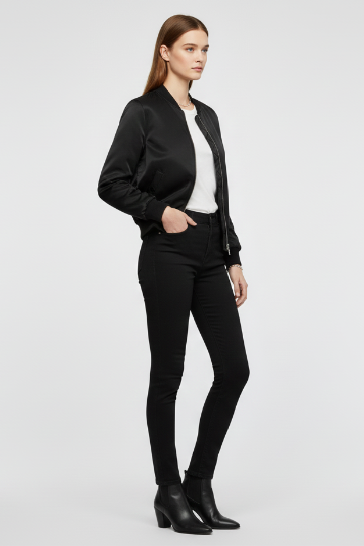 Black zipper bomber jacket – back view