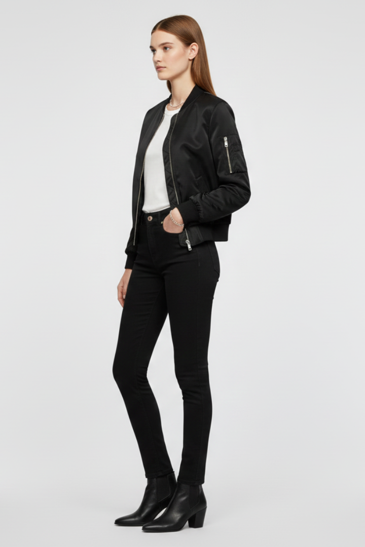 Women's black bomber jacket – styled outfit