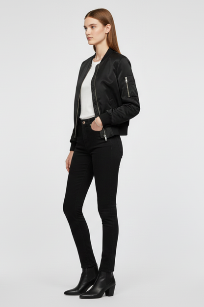 Women's black bomber jacket – styled outfit