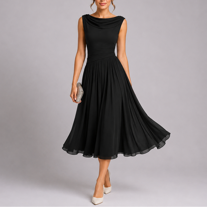 Pleated Midi Dress with Draped Neckline – Women's Elegant Dress