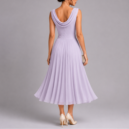 Pleated Midi Dress with Draped Neckline – Women's Elegant Dress