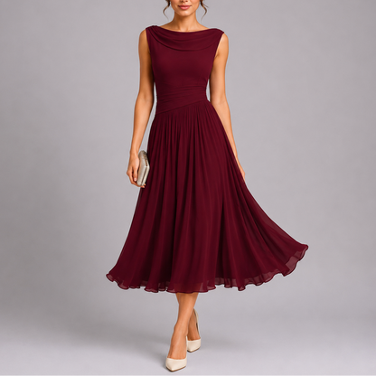 Pleated Midi Dress with Draped Neckline – Women's Elegant Dress
