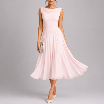 Pleated Midi Dress with Draped Neckline – Women's Elegant Dress