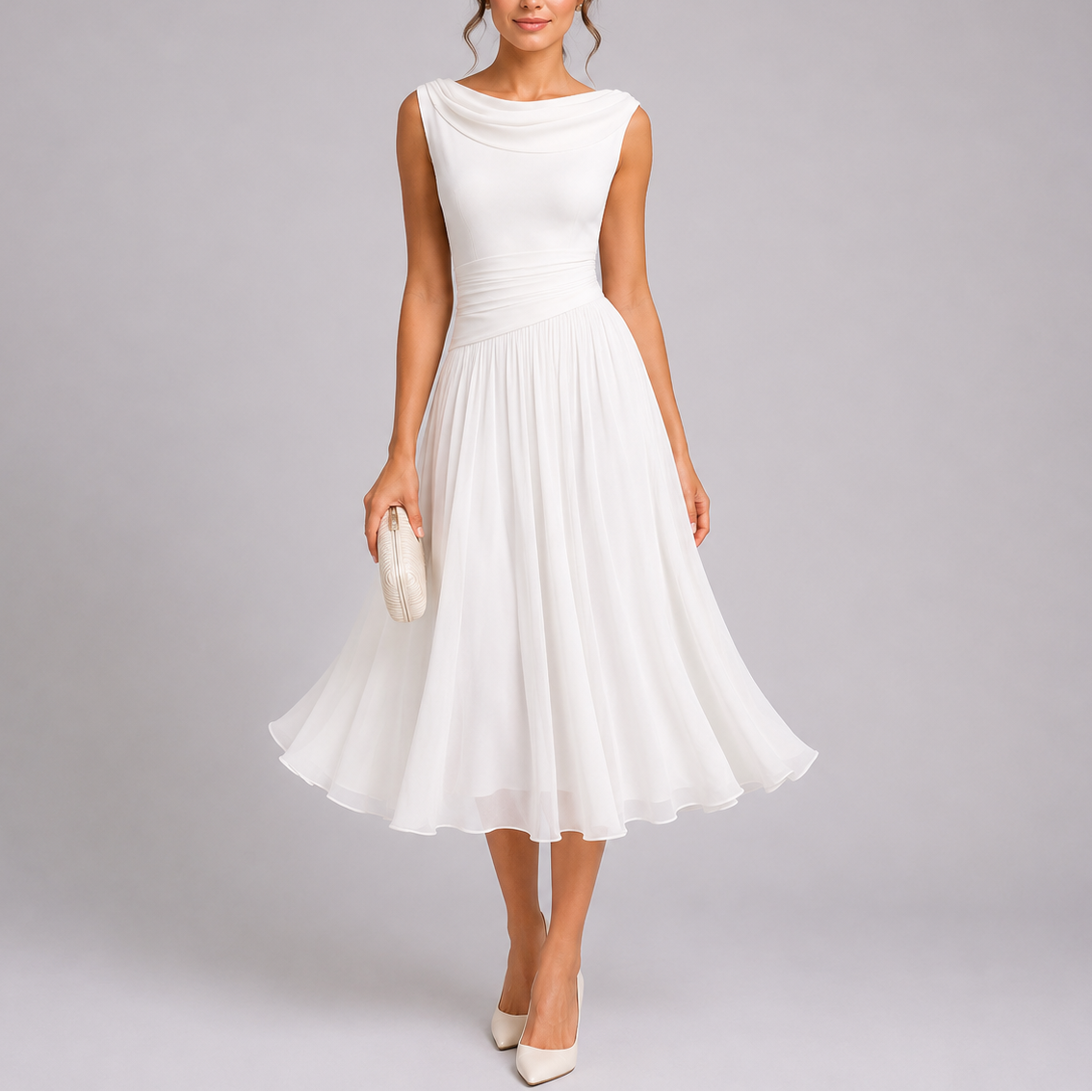Pleated Midi Dress with Draped Neckline – Women's Elegant Dress