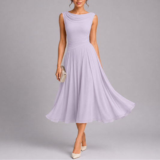 Pleated Midi Dress with Draped Neckline – Women's Elegant Dress