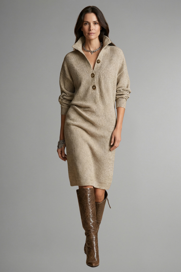 Ribbed sweater dress – button placket detail