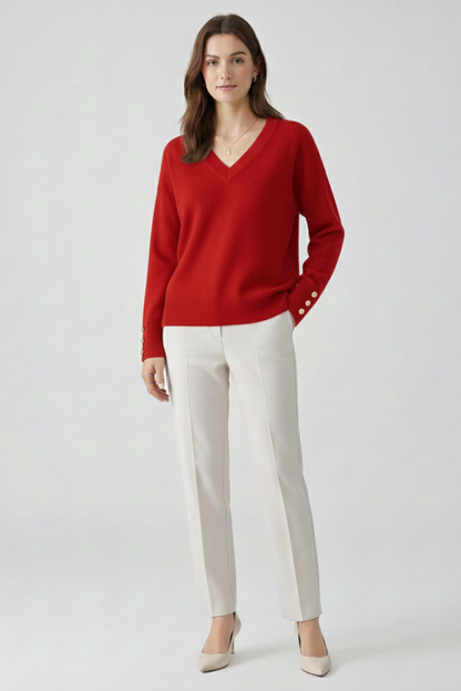 Women's v-neck buttoned cuff pullover – full view