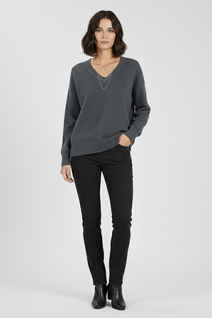 Long sleeve v-neck sweater – styled view