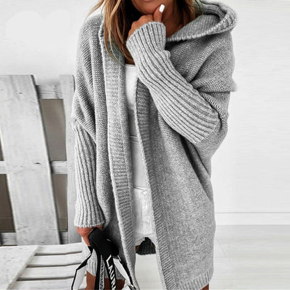Women's hooded knit cardigan – longline front view