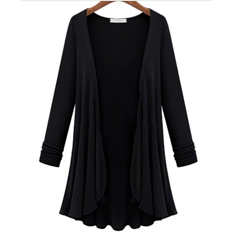 Ruffled open front cardigan – styled view