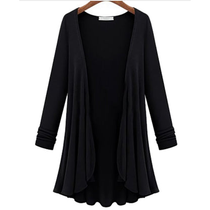 Ruffled open front cardigan – styled view