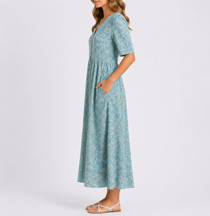 Floral V-Neck Midi Dress – Women's Printed Summer Dress