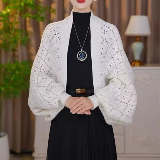 Women's scarf collar cardigan – knitted open front view