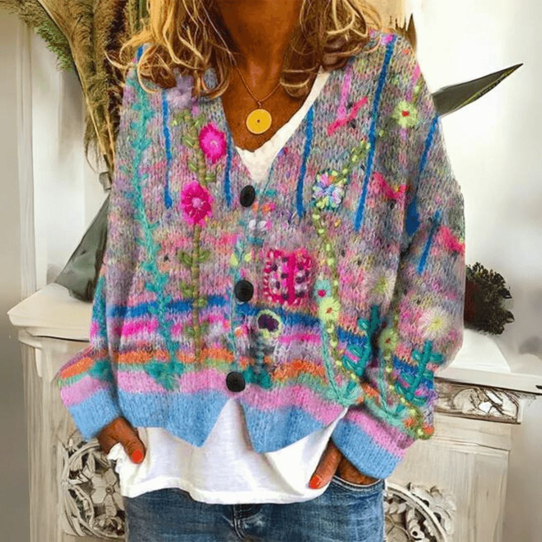 Women's floral button-front cardigan – printed knitwear front view