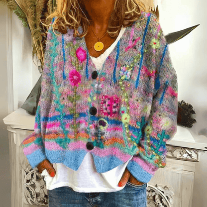Women's floral button-front cardigan – printed knitwear front view
