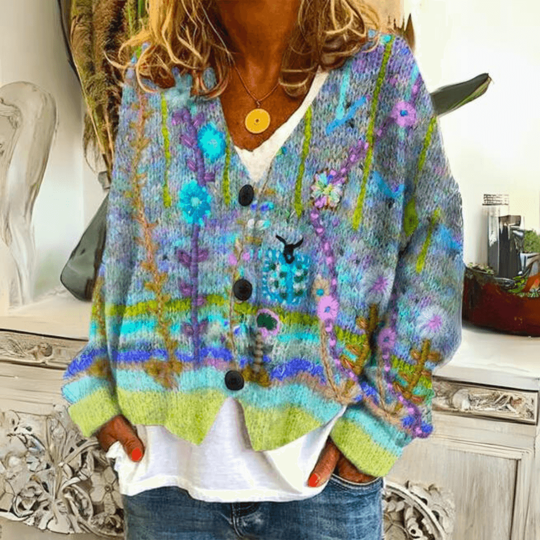 Floral cardigan – botanical print detail