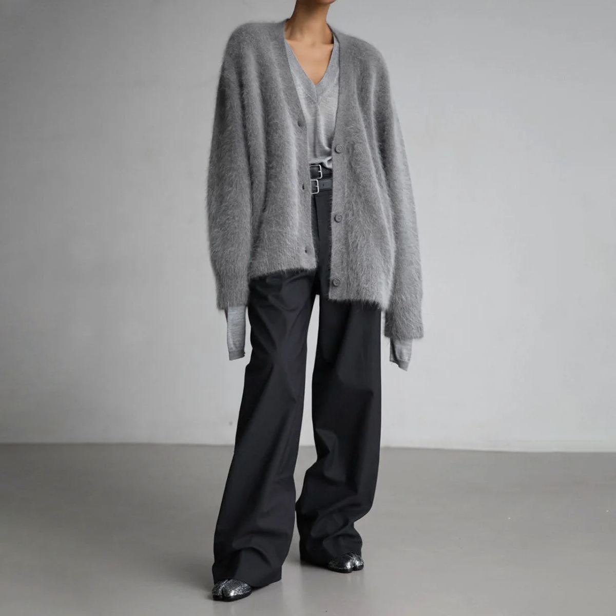 Open-front textured cardigan – side view