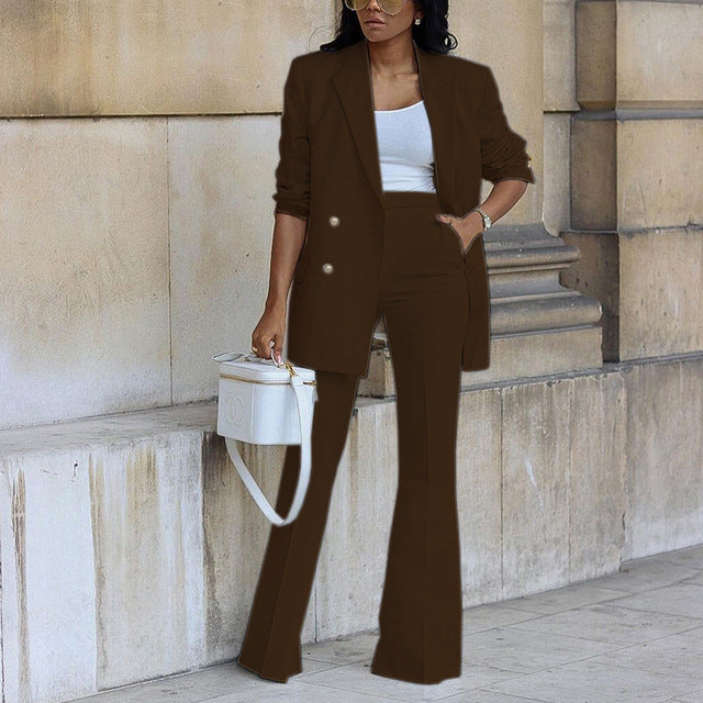 Women's Double-Breasted Blazer and Flared Trouser Set