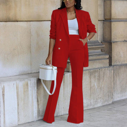 Women's Double-Breasted Blazer and Flared Trouser Set