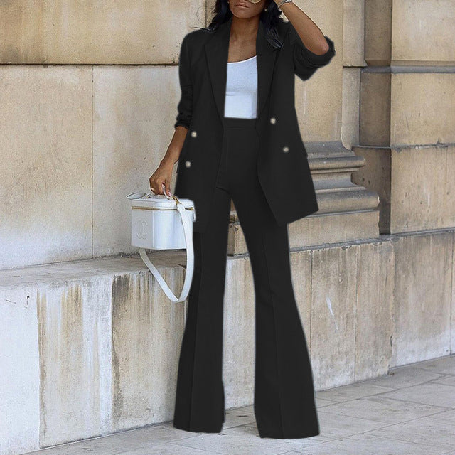 Women's Double-Breasted Blazer and Flared Trouser Set