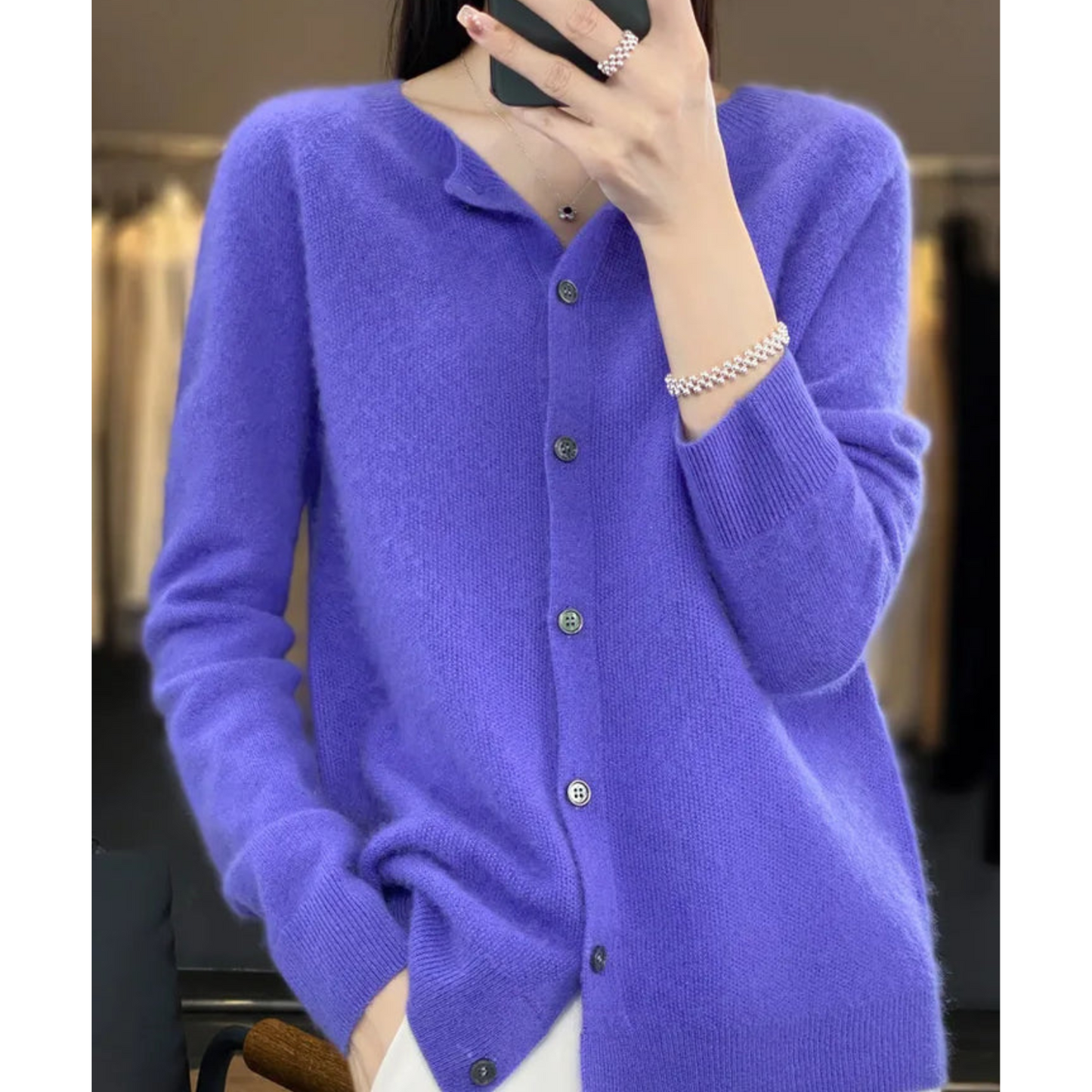 Women's round neck cardigan – side view