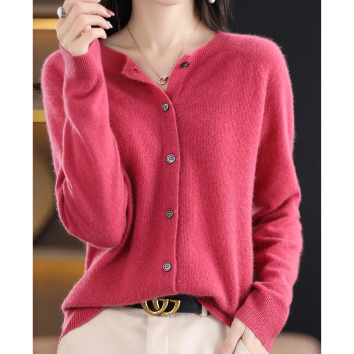 Women's button-front knit cardigan – soft round neck front view