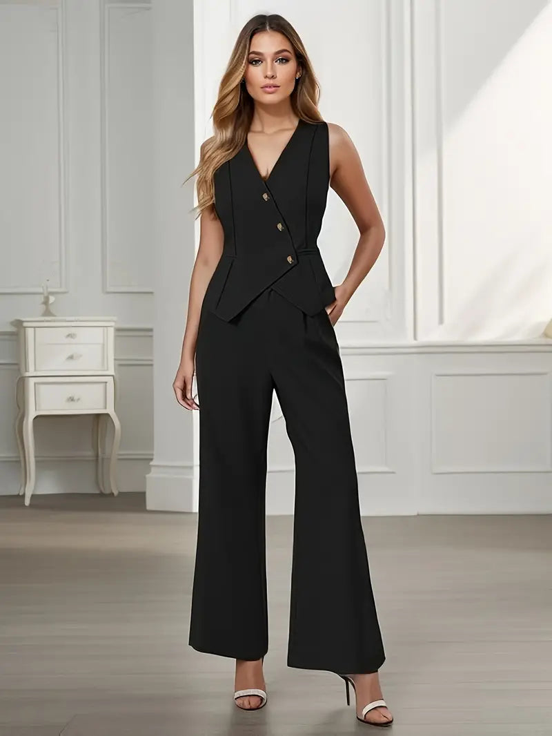 Women's Sleeveless Blazer and Wide Leg Pants Set